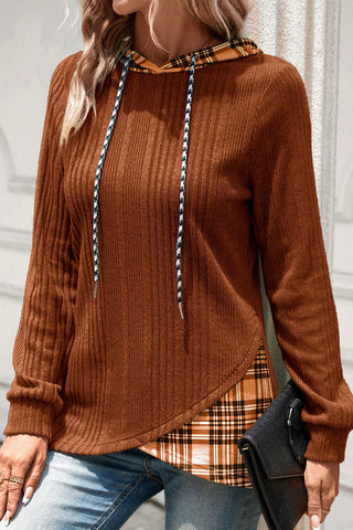 Sweater Knit Plaid Hoodie - Rust