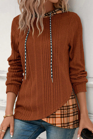 Sweater Knit Plaid Hoodie - Rust