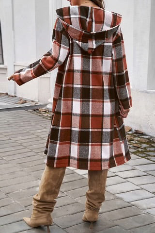 Soft Trench Length Hooded Plaid Fall Shacket - Brown
