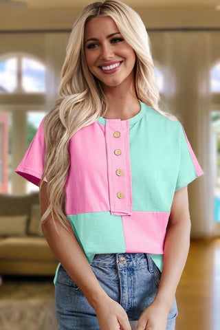 Cotton Candy Henley Top - Pink and Mint