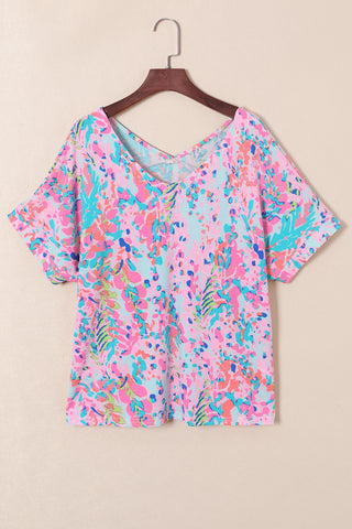 V-Neck Floral Top - Pink and Aqua