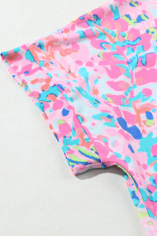 V-Neck Floral Top - Pink and Aqua