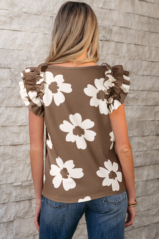 Mocha Ruffle Sleeve Top - White Floral