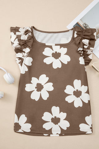 Mocha Ruffle Sleeve Top - White Floral