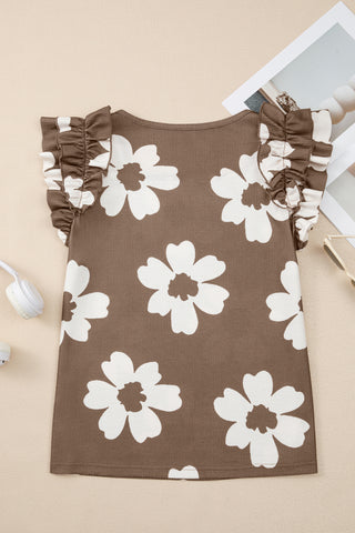 Mocha Ruffle Sleeve Top - White Floral