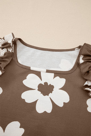 Mocha Ruffle Sleeve Top - White Floral