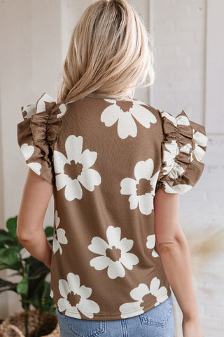 Mocha Ruffle Sleeve Top - White Floral