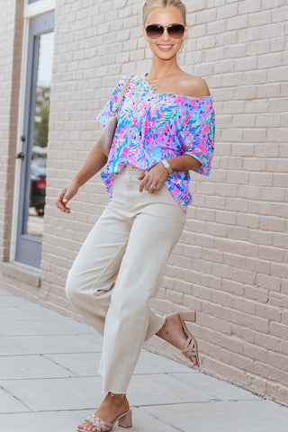 V-Neck Floral Top - Pink/Purple