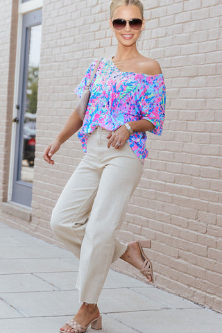 V-Neck Floral Top - Pink/Purple