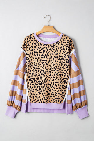 Leopard Striped Sleeve Sweatshirt - Lavender