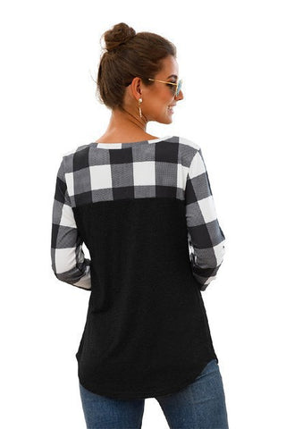 Buffalo Plaid Top with Leather Patch Pocket - Black