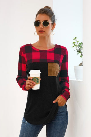Buffalo Plaid Top with Leather Patch Pocket - Red