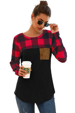 Buffalo Plaid Top with Leather Patch Pocket - Red