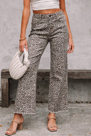 Frayed Bottom Cropped Jeans - Leopard