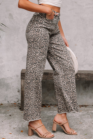 Frayed Bottom Cropped Jeans - Leopard