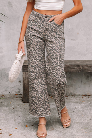 Frayed Bottom Cropped Jeans - Leopard