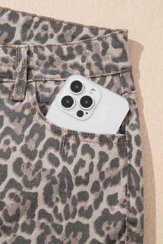 Frayed Bottom Cropped Jeans - Leopard
