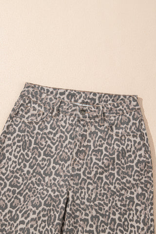 Frayed Bottom Cropped Jeans - Leopard