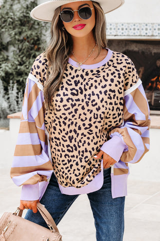 Leopard Striped Sleeve Sweatshirt - Lavender