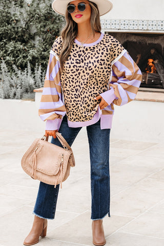 Leopard Striped Sleeve Sweatshirt - Lavender