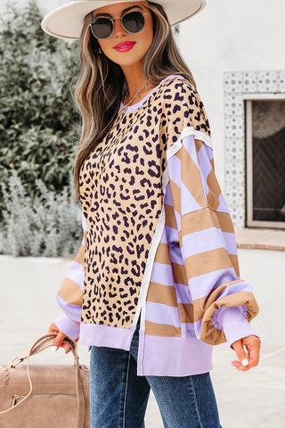 Leopard Striped Sleeve Sweatshirt - Lavender
