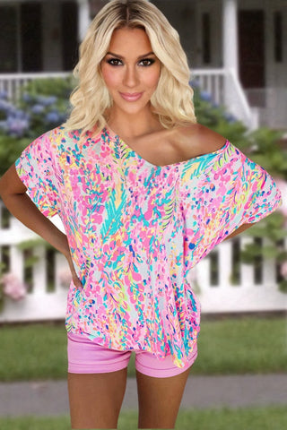 V-Neck Floral Top - Pink and Aqua