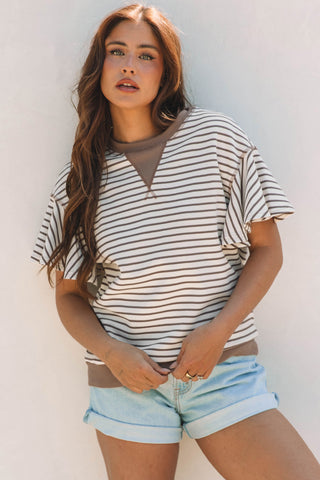 Candy Striped Flutter Sleeve Top - Mocha