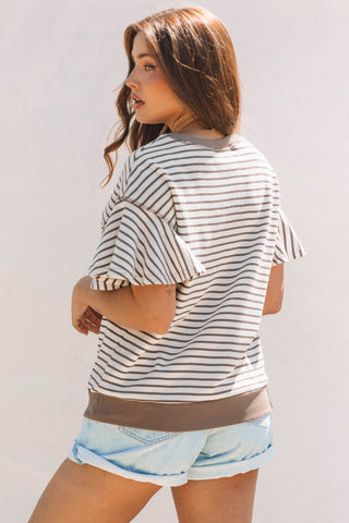 Candy Striped Flutter Sleeve Top - Mocha