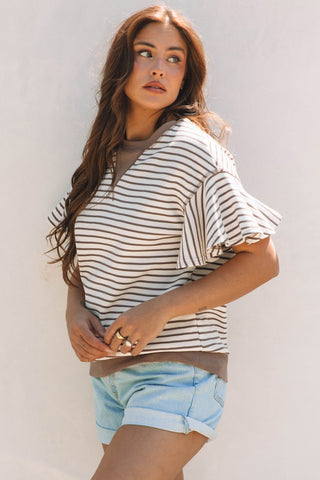 Candy Striped Flutter Sleeve Top - Mocha
