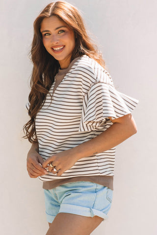 Candy Striped Flutter Sleeve Top - Mocha