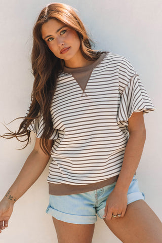 Candy Striped Flutter Sleeve Top - Mocha