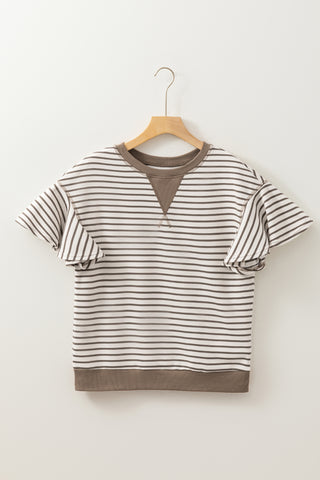 Candy Striped Flutter Sleeve Top - Mocha