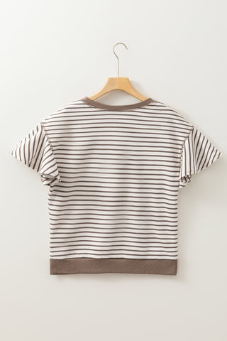 Candy Striped Flutter Sleeve Top - Mocha