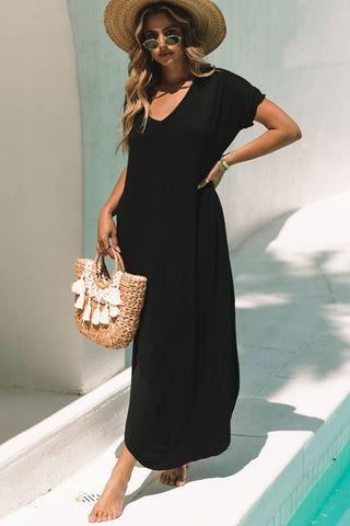 Long Solid Maxi Dress with Pockets - Black