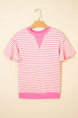 Candy Striped Flutter Sleeve Top - Pink
