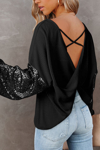 Open Back Sequined Top - Black