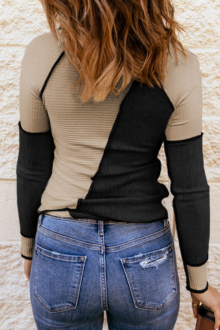 Color Block Thermal Top - Black and Tan