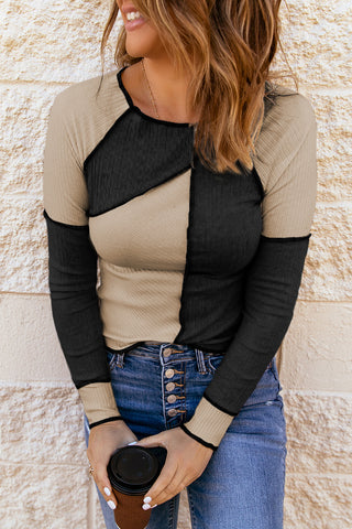 Color Block Thermal Top - Black and Tan