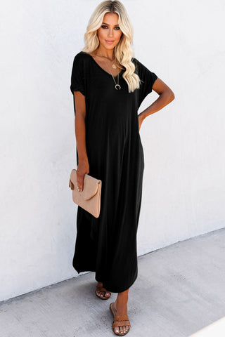 Long Solid Maxi Dress with Pockets - Black