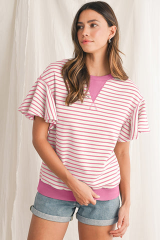 Candy Striped Flutter Sleeve Top - Pink