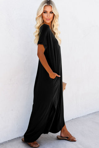 Long Solid Maxi Dress with Pockets - Black