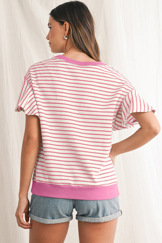 Candy Striped Flutter Sleeve Top - Pink