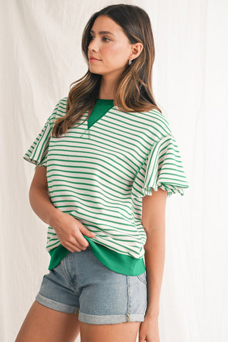 Candy Striped Flutter Sleeve Top - Green