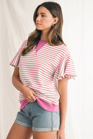 Candy Striped Flutter Sleeve Top - Pink
