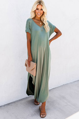 Long Solid Maxi Dress with Pockets - Sage