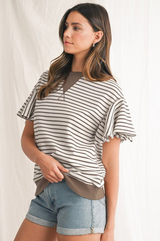 Candy Striped Flutter Sleeve Top - Mocha