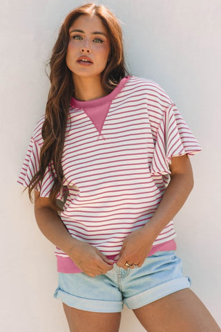 Candy Striped Flutter Sleeve Top - Pink