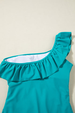 One Shoulder Ruffle Suit - Aqua