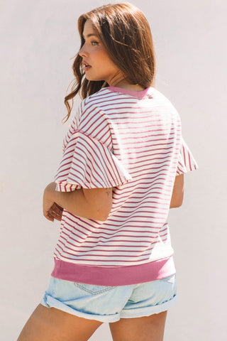 Candy Striped Flutter Sleeve Top - Pink
