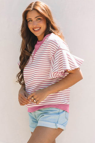 Candy Striped Flutter Sleeve Top - Pink